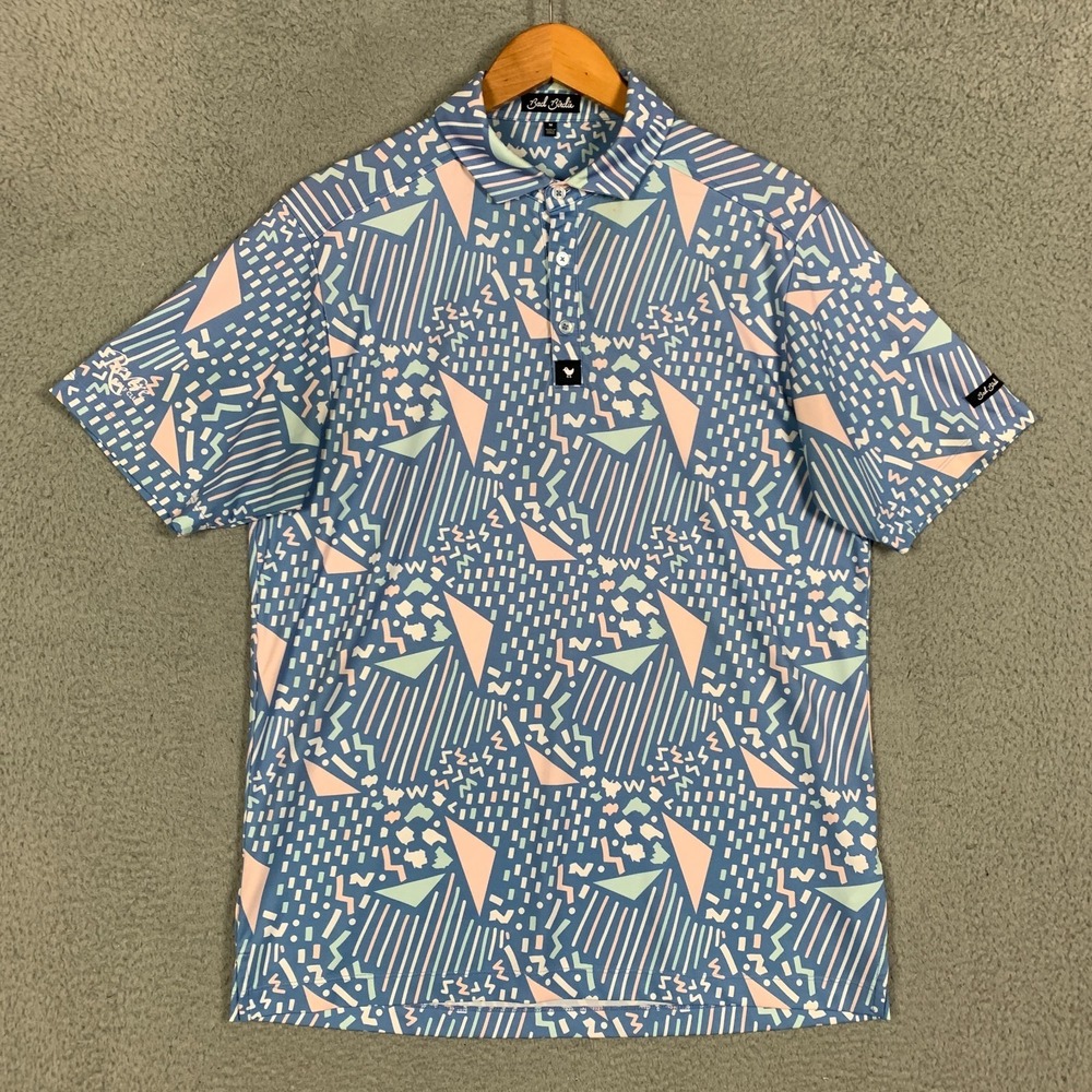 Bad Birdie Polo Shirt Men's Medium Blue Geometric Print Stretch Revere Golf Club